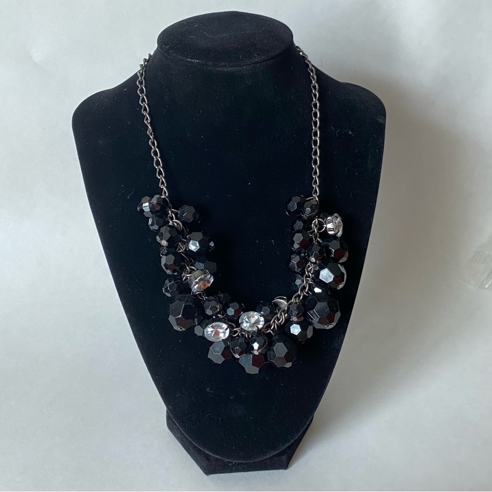 Black faceted plastic beads and rhinestone necklace